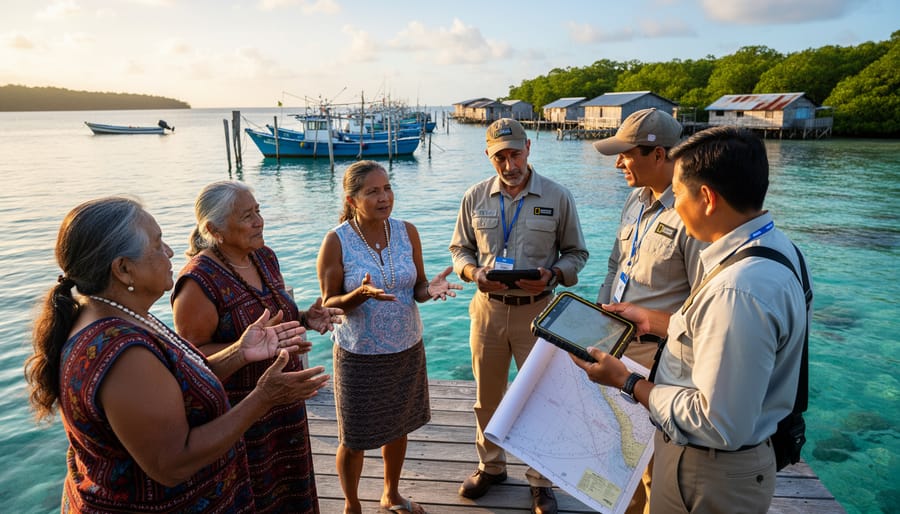 Indigenous elders and local fishers speak with two marine scientists on a wooden pier at golden hour, engaged in a respectful discussion beside turquoise reef waters, with small fishing boats, village huts, and mangroves softly visible in the background.