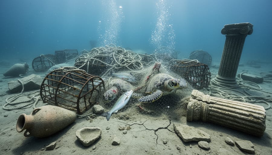 Ghost fishing net covering ancient pottery with trapped fish underwater
