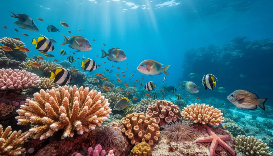Vibrant coral reef with diverse coral species and tropical fish in clear blue water