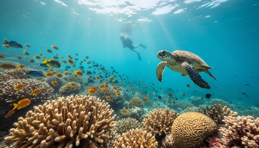 Vibrant coral reef with tropical fish and dramatic sunlight beams underwater