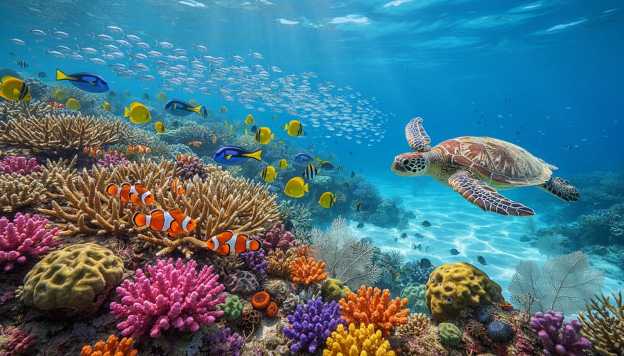 Vibrant coral reef with colorful fish and diverse coral formations in clear tropical waters