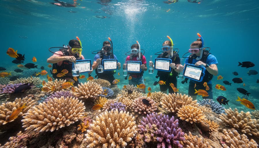 Vibrant coral reef ecosystem with schools of fish in clear tropical water