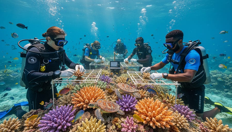Healthy coral reef ecosystem with diverse marine life in clear tropical waters
