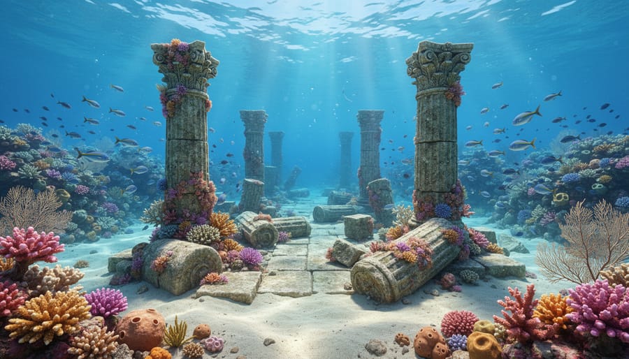 Vibrant coral reef growing around preserved shipwreck timbers with tropical fish