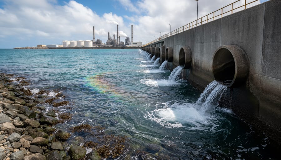 Industrial wastewater discharge pipe releasing contaminated water and foam into coastal ocean