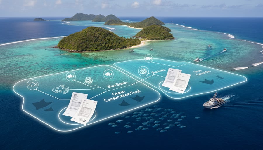 Aerial view of tropical island surrounded by protected turquoise marine waters