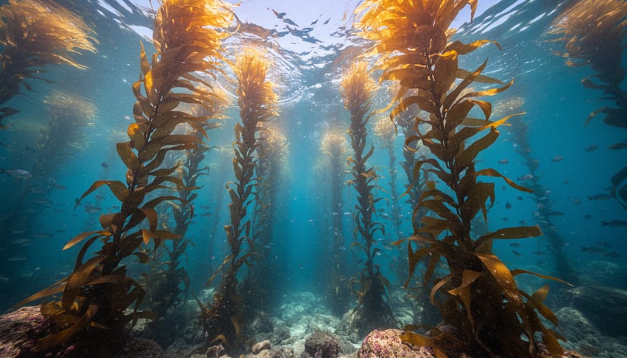 Underwater view looking up through giant kelp forest with sunlight filtering through canopy