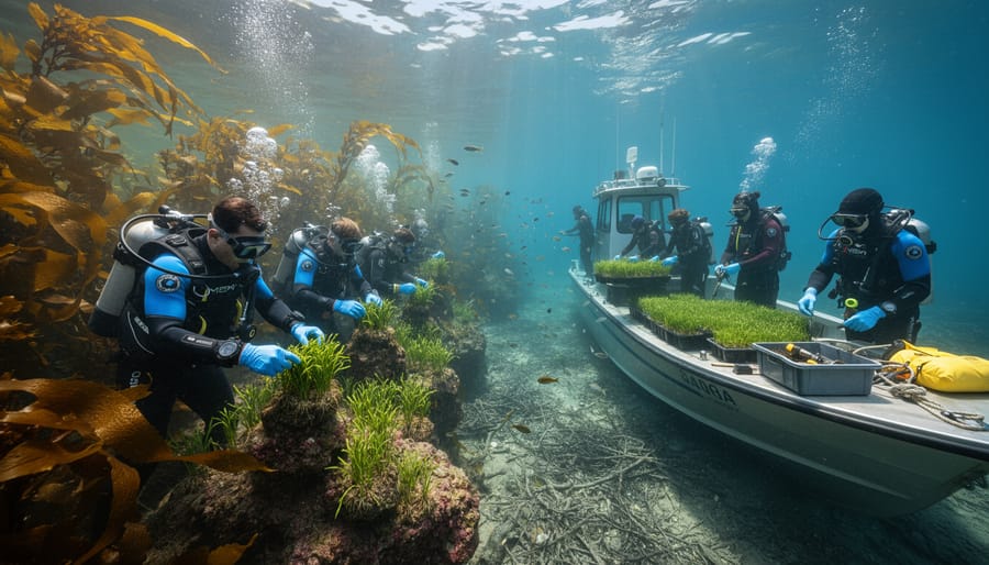 Scuba diver transplanting kelp as part of marine restoration project