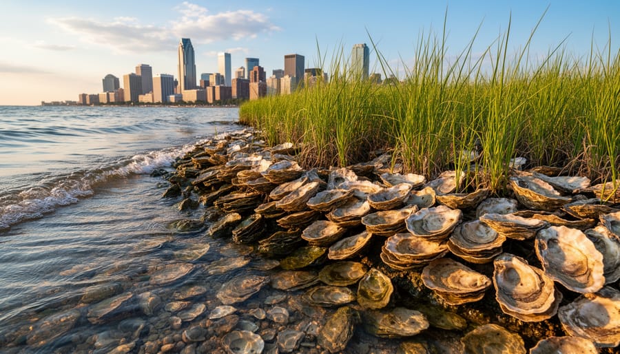 Restored living shoreline with oyster reefs and salt marsh grasses along urban waterfront