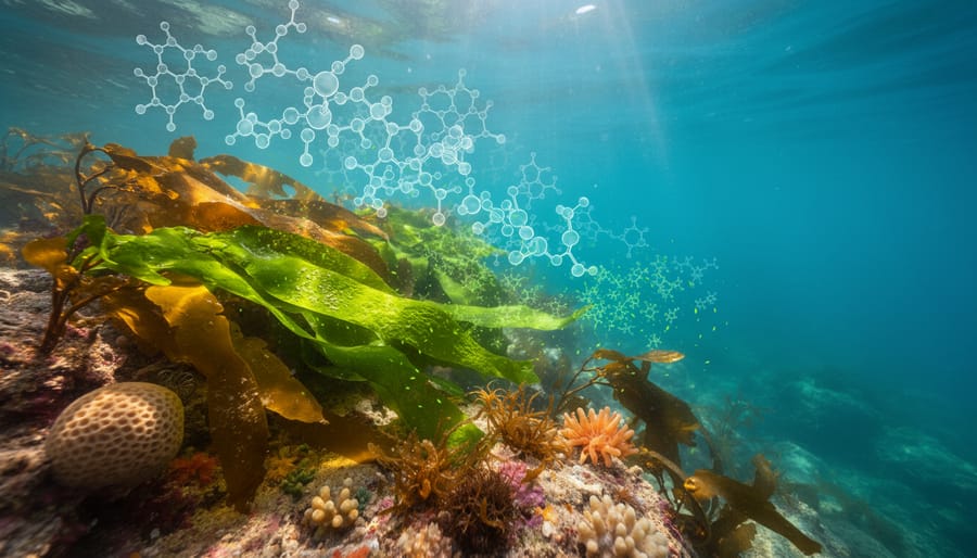 Close-up of marine algae specimens in laboratory setting for biotechnology research