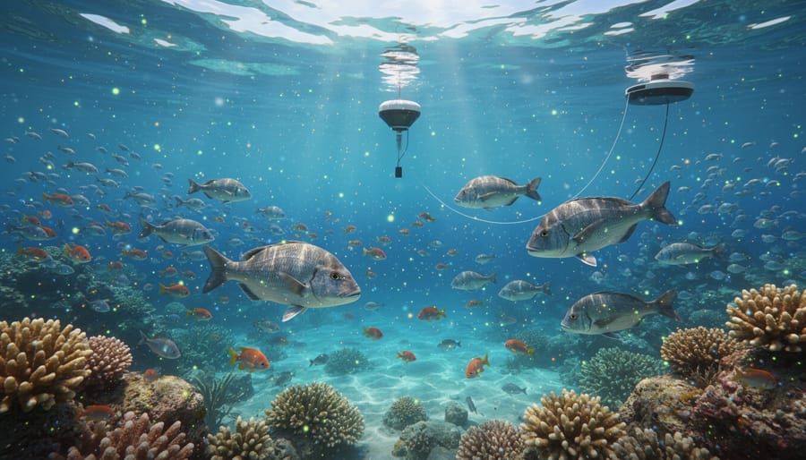 Diverse coral reef ecosystem showing multiple marine species in their natural habitat