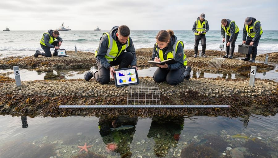 Marine biologist conducting field research at rocky intertidal zone during low tide