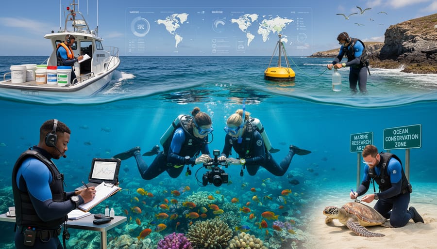 Marine biologist conducting underwater research near coral reef with scientific equipment