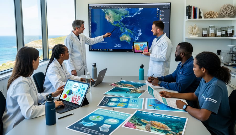 Diverse group of volunteers collaborating on digital marine conservation projects near coastline