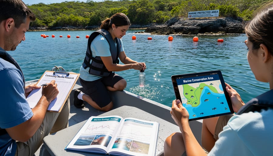 Protected marine conservation area with healthy reef ecosystem visible through clear water