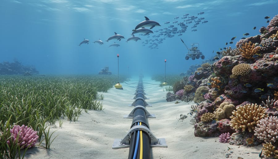 Sea turtle swimming over coral reef near strategically placed submarine cable