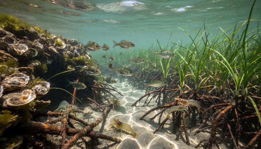 Juvenile fish and crabs among oyster shells and marsh grass roots in shallow water