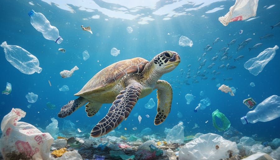 Sea turtle swimming through plastic debris in ocean water