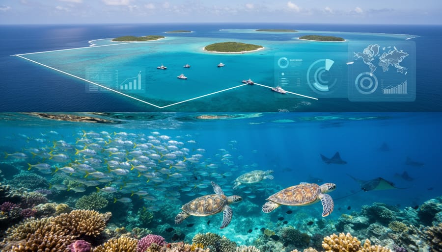 Aerial view of protected marine reserve showing coral reef formations in clear tropical waters