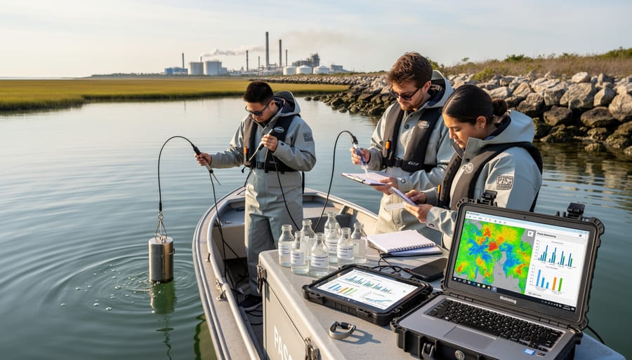 Marine biologist collecting water samples on beach during field research