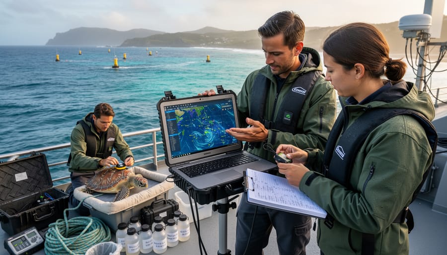 Marine researcher on boat with tracking equipment studying ocean connectivity
