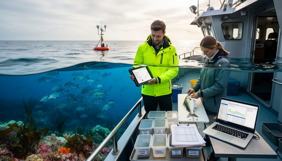Marine scientist examining fish specimen during research fieldwork on vessel
