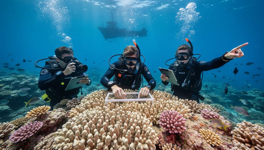 Marine biologist conducting underwater coral reef survey and documentation