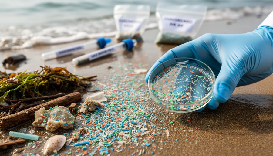 Microplastic fragments and degraded plastic pieces on beach sand