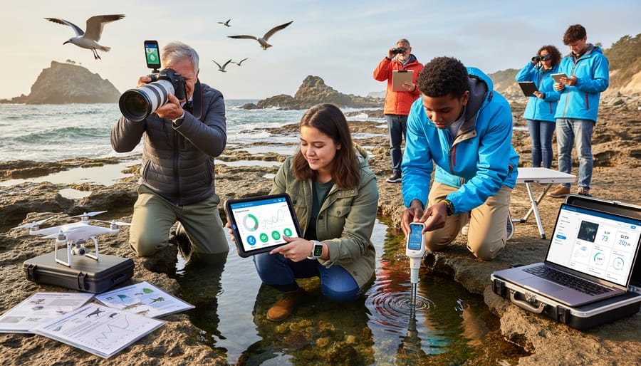 Person using smartphone app to document marine life observations in tide pool