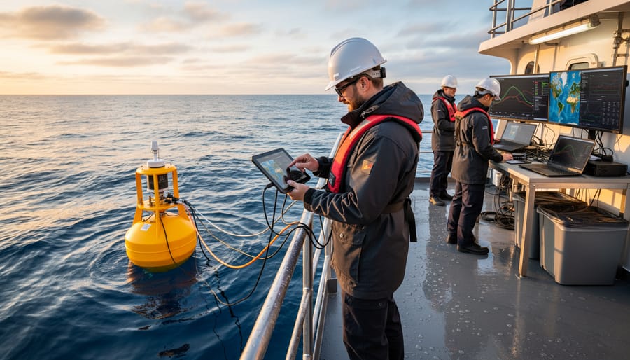 Marine researcher deploying ocean temperature monitoring equipment from research vessel