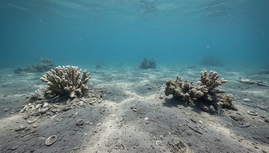 Underwater view of dead fish and marine life on ocean floor in deoxygenated dead zone