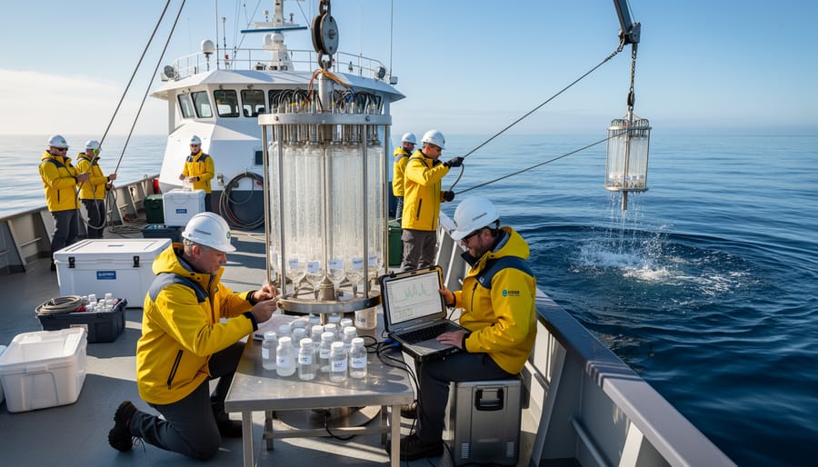 Marine scientist collecting water sample from ocean for eDNA analysis