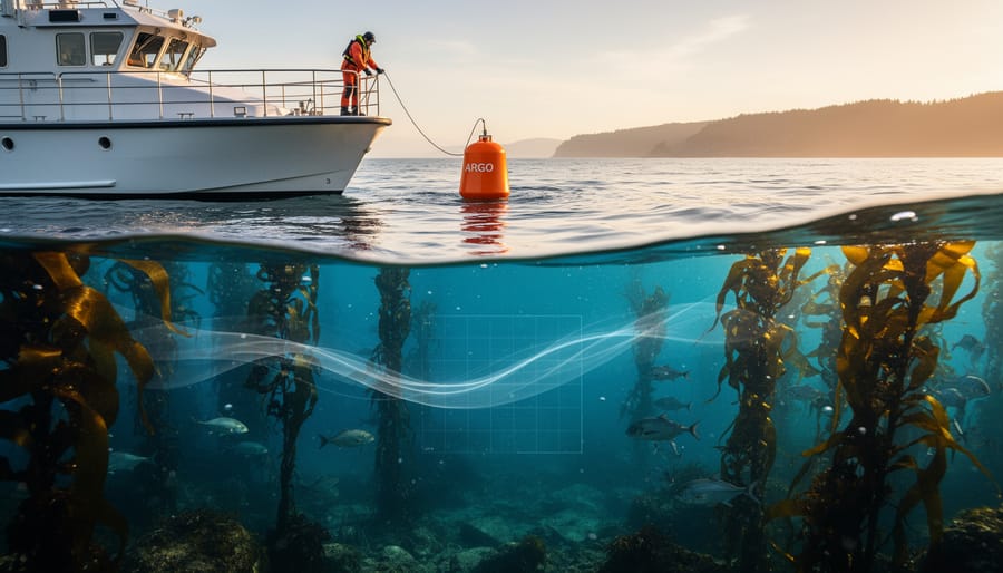 "Above-and-below ocean photo of a scientist on a research vessel releasing an orange ARGO buoy, golden light on the surface and a kelp forest with schooling fish below, with subtle light trails suggesting modeled currents and a softly blurred distant coastline."
