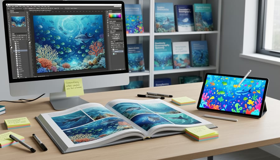 Oceanography textbook with colorful marine illustrations next to digital tablet displaying ocean visualization