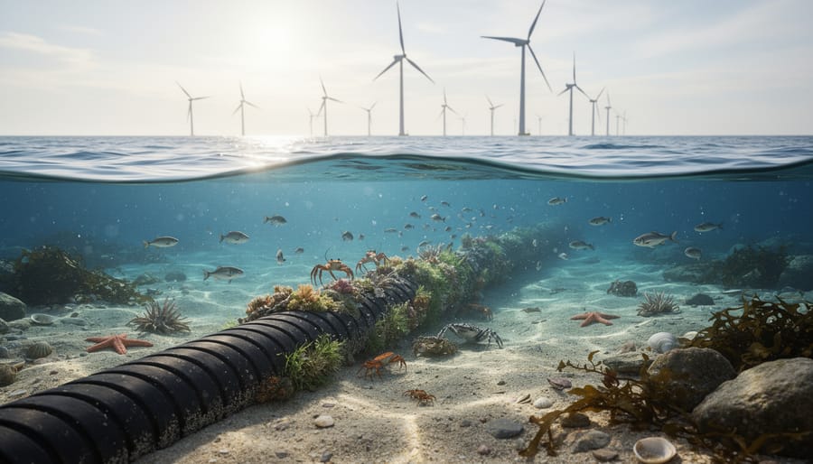 Aerial view of offshore wind farm with submarine cable installation in progress