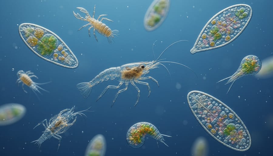 Microscopic view of various plankton organisms including diatoms and copepods in seawater