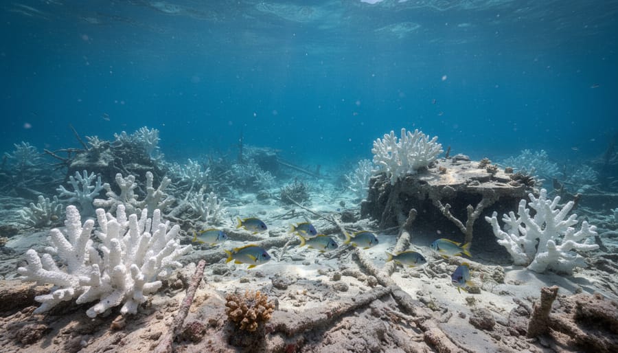 Tropical fish swimming among degraded coral reef showing habitat loss