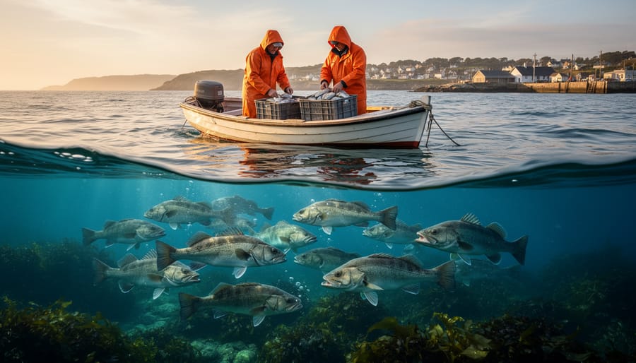 Split-level view of a small coastal fishing boat at golden hour with two fishers in orange gear sorting a modest catch into crates, while below the waterline a thriving school of cod swims over kelp, with a coastal village and headlands softly visible in the background.