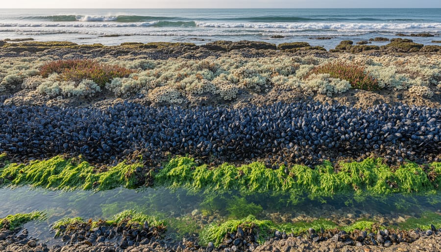 Rocky shoreline showing distinct horizontal bands of marine organisms arranged in visible zones