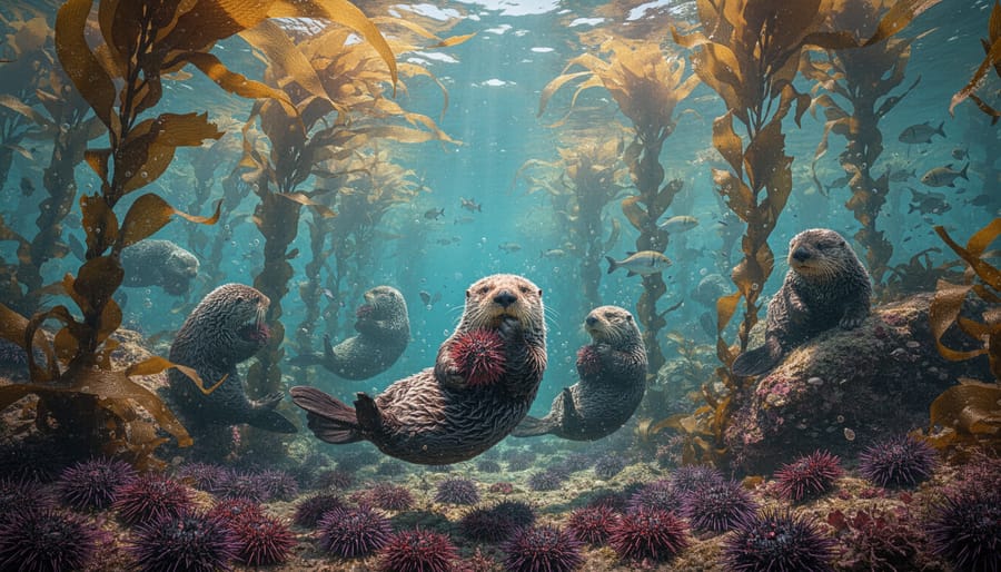 Sea otter floating in kelp forest holding sea urchin