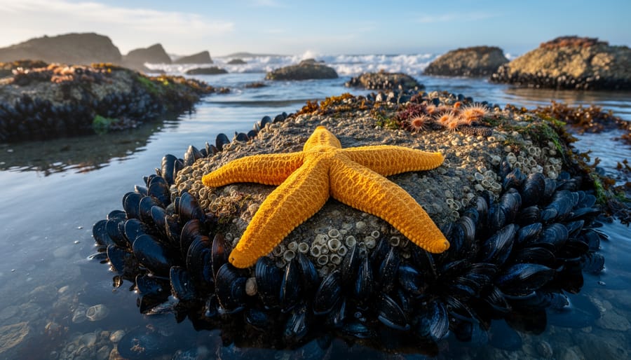 Purple ochre sea star on bed of dark mussels in rocky intertidal zone