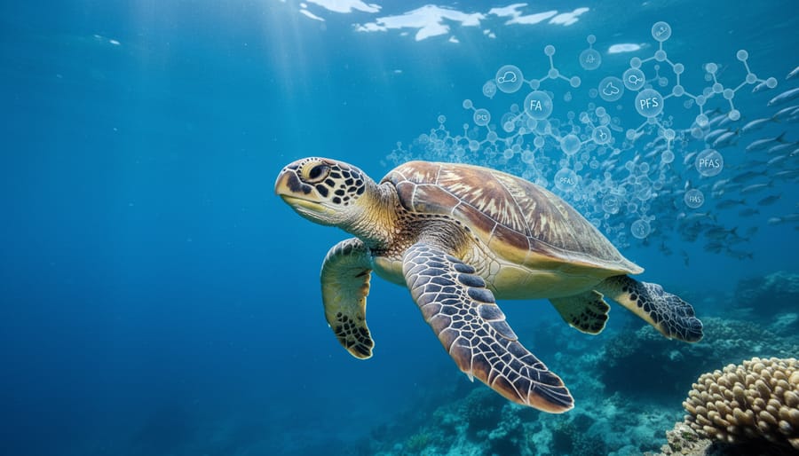 Sea turtle swimming through contaminated ocean water with visible particles