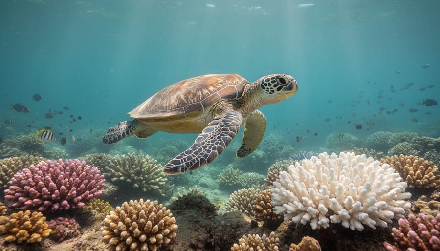 Sea turtle swimming through coral reef with sunlight filtering through water