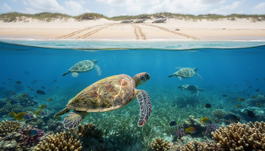Sea turtle swimming over coral reef with schooling fish in clear blue ocean water