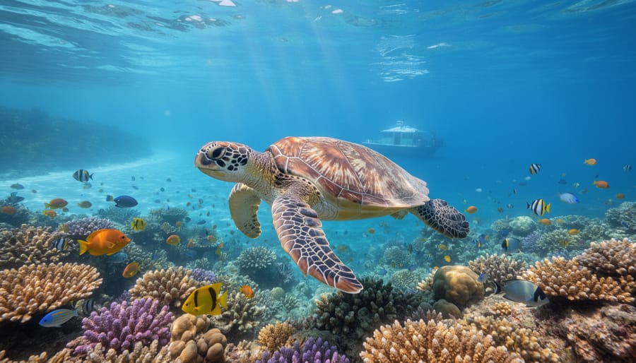 Sea turtle swimming above coral reef in protected marine reserve