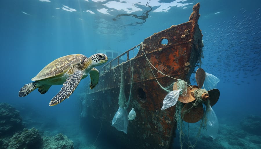 Green sea turtle swims beside a rusting shipwreck where plastic bags and fishing nets hang from the propeller, with sun rays piercing blue water and small fish in the hazy background.