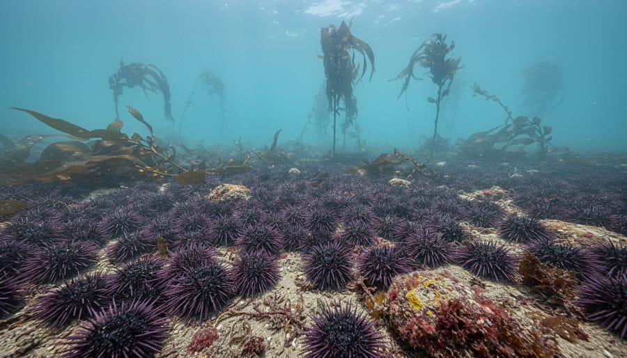 Barren seafloor covered entirely with sea urchins where kelp forest once thrived