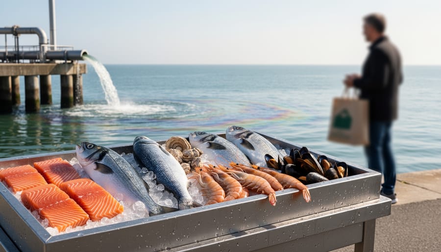 Fisherman's hands holding freshly caught fish with ocean water in background