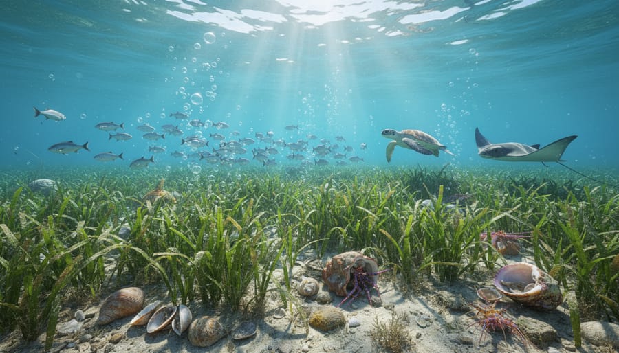 Healthy restored seagrass meadow with fish swimming through oxygen-producing vegetation