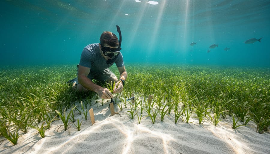 Underwater view of healthy seagrass with sunlight filtering through water